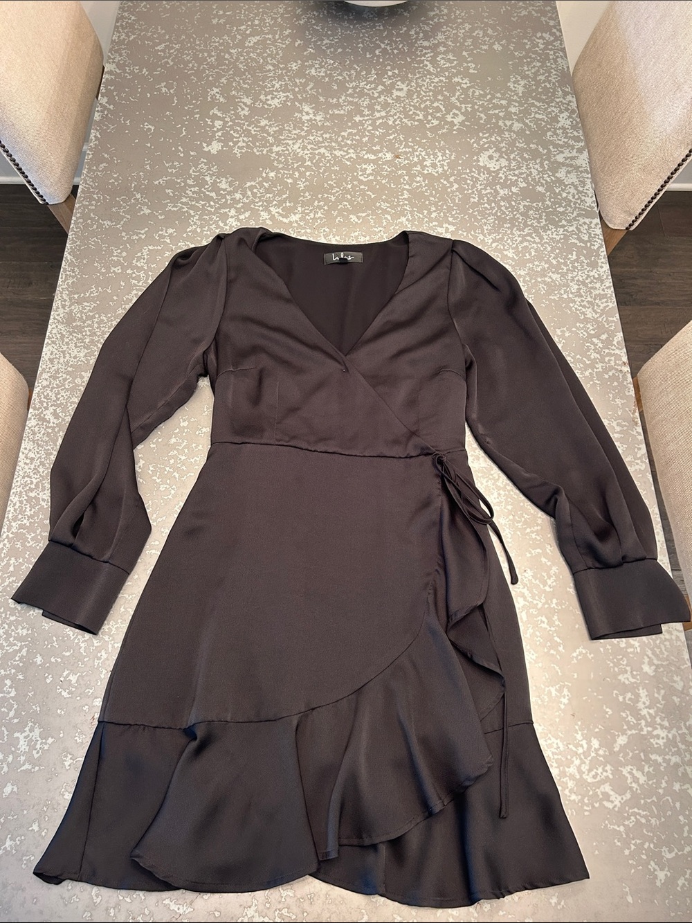 Lulu's Black Long Sleeve Wrap Dress with Ruffle Detail